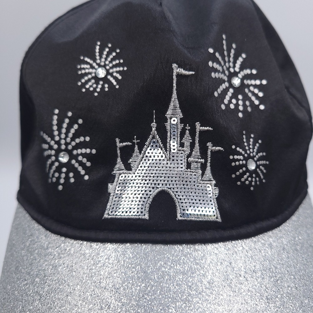 Disney Parks Cinderella Castle Cap Hat Black With Silver Glitter and Rhinestones - Picture 2 of 10